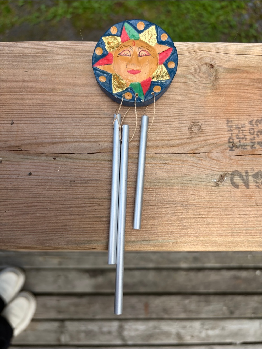 Vintage magnet celestial-style wind chime featuring a hand-painted sun
